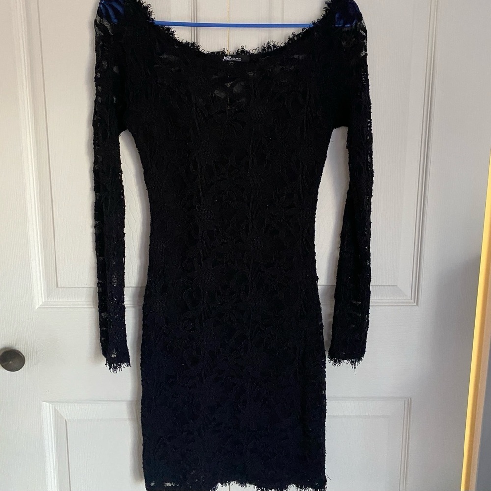 Jump Apparel Lace Mini Dress Womens 5/6 Black Long Sleeve Scoop Neck Bodycon LBD